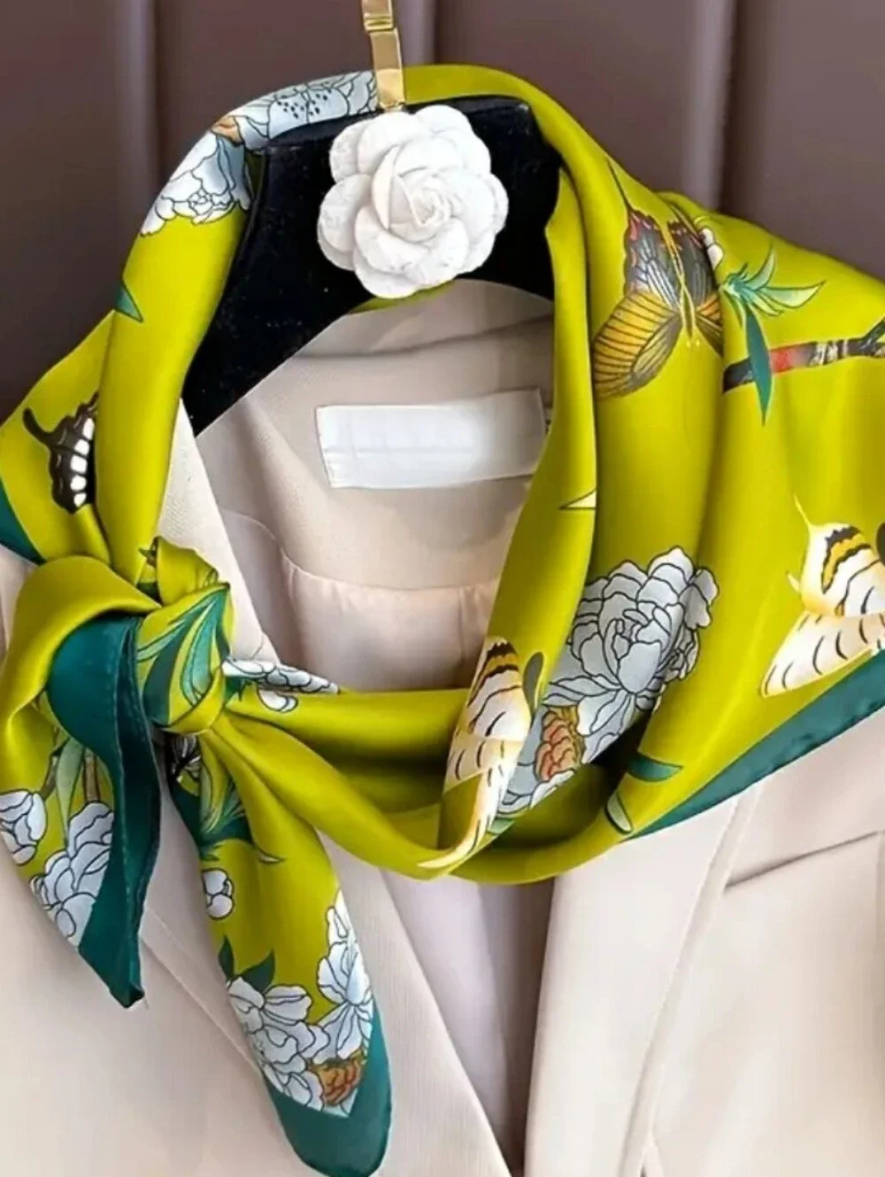 Silk-feelYellow Floral  Scarf with Green  - Women's Head Scarf , Neck Scarf